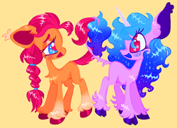 Size: 1810x1314 | Tagged: safe, artist:webkinzworldz, character:izzy moonbow, character:sunny starscout, species:earth pony, species:pony, species:unicorn, g5, duo, female, gradient hair, intertwined tails, mare, simple background, yellow background
