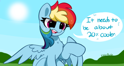 Size: 6800x3649 | Tagged: safe, artist:kittyrosie, character:rainbow dash, species:pegasus, species:pony, g4, absurd resolution, chest fluff, dialogue, open mouth, sitting, solo, speech bubble, sun, sweat, talking to viewer, text