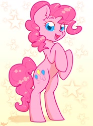Size: 1376x1855 | Tagged: safe, artist:koapony, character:pinkie pie, species:earth pony, species:pony, g4, abstract background, bipedal, colored pupils, cute, diapinkes, female, looking at you, mare, open mouth, open smile, simple background, smiling, solo, stars