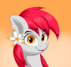 Size: 1280x1213 | Tagged: safe, artist:joaothejohn, oc, oc only, oc:tiny jasmini, species:pegasus, species:pony, g4, bust, eyebrows, eyebrows visible through hair, female, flower, flower in hair, gradient background, looking at you, mare, simple background, solo