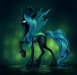Size: 1233x1199 | Tagged: safe, artist:entadeath, character:queen chrysalis, species:changeling, g4, changeling queen, female, profile, raised hoof, solo, spread wings, wings