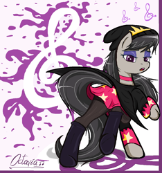 Size: 1114x1190 | Tagged: safe, artist:sallycars, character:octavia melody, species:earth pony, species:pony, g4, abstract background, beanie, bedroom eyes, boots, choker, clothing, cosplay, costume, crossover, digital art, eyeshadow, female, hat, helluva boss, jewelry, legitimately amazing mspaint, makeup, mare, ms paint, name pun, namesake, necklace, octavia (helluva boss), open mouth, pun, raised hoof, raised leg, shirt, shoes, socks, solo, stockings, thigh highs, visual gag