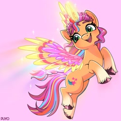 Size: 2289x2289 | Tagged: safe, artist:puyohh, character:sunny starscout, species:alicorn, species:pony, g5, alicornified, cute, female, mare, markings, open mouth, pink background, race swap, simple background, solo, sunnybetes, sunnycorn, unshorn fetlocks