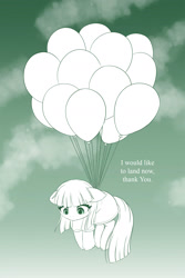 Size: 1600x2400 | Tagged: safe, artist:symbianl, character:maud pie, species:earth pony, species:pony, g4, adorable distress, balloon, cute, dialogue, ear fluff, female, floating, floppy ears, hoof fluff, hooves, legg fluff, lineart, looking down, mare, maudabetes, monochrome, solo, then watch her balloons lift her up to the sky