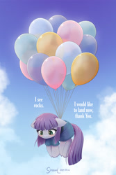Size: 1600x2400 | Tagged: safe, artist:symbianl, character:maud pie, species:earth pony, species:pony, g4, balloon, blushing, cute, dialogue, ear fluff, female, floating, floppy ears, hoof fluff, hooves, leg fluff, looking down, mare, maudabetes, solo, then watch her balloons lift her up to the sky