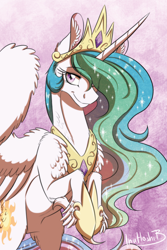 Size: 788x1182 | Tagged: safe, artist:inuhoshi-to-darkpen, character:princess celestia, species:alicorn, species:pony, g4, chest fluff, clothing, crown, ear fluff, female, hair over one eye, hoof fluff, hoof shoes, hooves, jewelry, mare, regalia, shoes, solo, wing fluff, wings