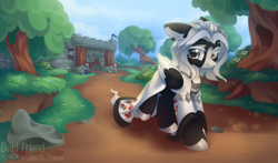 Size: 4000x2356 | Tagged: safe, artist:dedfriend, oc, oc only, oc:kate braxton, species:earth pony, species:pegasus, species:pony, g4, armor, castle, cloak, clothing, female, flag, guard, medieval, outdoors, path, rock, scenery, spear, tree, walking, weapon