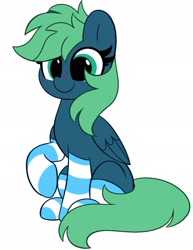 Size: 1580x2048 | Tagged: safe, artist:kittyrosie, oc, oc only, oc:emerald, species:pegasus, species:pony, g4, blue, blushing, clothing, commission, cute, female, mare, ocbetes, pegasus oc, raised hoof, simple background, smiling, socks, solo, striped socks, white background, ych result