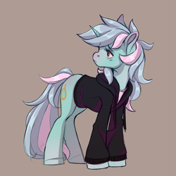 Size: 1261x1261 | Tagged: safe, artist:lambibelle, character:lyra heartstrings, species:pony, species:unicorn, g4, brown background, clothing, dig the swell hoodie, eyebrows, eyebrows visible through hair, female, hoodie, looking back, mare, simple background, solo