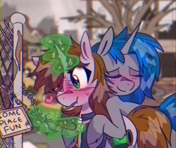 Size: 950x800 | Tagged: safe, artist:provolonepone, oc, oc only, oc:homage, oc:littlepip, species:pony, species:unicorn, fallout equestria, g4, blushing, chromatic aberration, clothing, crossover, cute, fallout, female, heart eyes, lesbian, magic, mare, oc x oc, ocbetes, pipabetes, pipbuck, pipmage, shipping, tree, vault suit, wingding eyes