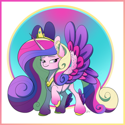 Size: 1280x1280 | Tagged: safe, artist:will-owl-the-wisp, character:princess cadance, species:alicorn, species:pony, g4, colored wings, feathered fetlocks, female, mare, multicolored wings, raised hoof, simple background, solo, spread wings, unshorn fetlocks, wings