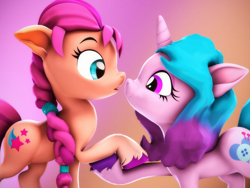 Size: 2880x2160 | Tagged: safe, artist:psfmer, character:izzy moonbow, character:sunny starscout, species:earth pony, species:pony, species:unicorn, ship:starbow, g5, 3d, female, gradient hair, holding hooves, lesbian, looking at each other, mare, shipping, source filmmaker, surprised, unshorn fetlocks