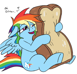 Size: 1268x1212 | Tagged: safe, artist:jargon scott, character:rainbow dash, species:pegasus, species:pony, g4, bread, cargo ship, female, food, giant food, hug, lidded eyes, mare, shipping, simple background, underhoof, white background