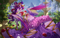 Size: 4500x2860 | Tagged: safe, artist:makkah-chan, character:princess cadance, species:alicorn, species:pony, g4, alternate hairstyle, clothing, colored wings, dress, female, flower, flower in hair, fountain, garden, mare, multicolored wings, outdoors, petals, rose, solo, solo female, spread wings, wings