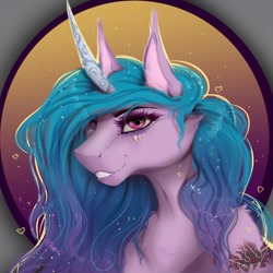Size: 894x894 | Tagged: safe, artist:martazap3, character:izzy moonbow, species:pony, species:unicorn, g5, female, gradient hair, grin, head only, looking at you, mare, smiling, solo