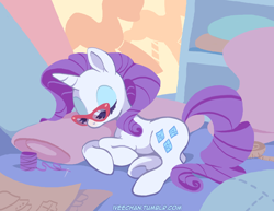 Size: 858x663 | Tagged: safe, artist:iveechan, character:rarity, species:pony, species:unicorn, g4, female, glasses, lying down, pillow, sewing needle, sleeping, solo, thread