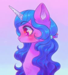 Size: 1854x2048 | Tagged: safe, artist:p0nyplanet, character:izzy moonbow, species:pony, species:unicorn, g5, eyebrows, eyebrows visible through hair, female, gradient background, gradient hair, hair tie, mare, profile, simple background, solo
