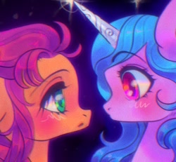 Size: 2047x1893 | Tagged: safe, alternate version, artist:p0nyplanet, character:izzy moonbow, character:sunny starscout, species:earth pony, species:pony, species:unicorn, ship:starbow, g5, black background, blushing, close-up, duo, eyebrows, eyebrows visible through hair, female, floppy ears, gradient hair, hair tie, heart, lesbian, looking at each other, mare, multicolored hair, night, profile, shipping, simple background, stars