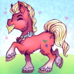 Size: 2048x2048 | Tagged: safe, artist:chocchippony, character:sprout, species:earth pony, species:pony, g5, butt fluff, cheek fluff, chest fluff, ear fluff, eyes closed, food, grass, heart, hooves, leg fluff, one hoof raised, pizza, smiling, solo, unshorn fetlocks