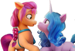 Size: 519x358 | Tagged: safe, edit, edited screencap, screencap, character:izzy moonbow, character:sunny starscout, species:earth pony, species:pony, species:unicorn, ship:starbow, g5, digital art, eye contact, female, gradient hair, lesbian, looking at each other, mare, open mouth, shipping, surprised, transparent background, vector