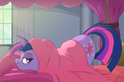 Size: 1023x678 | Tagged: safe, artist:sarmateppou, artist:wonkysole, character:twilight sparkle, species:pony, species:unicorn, g4, bed, bed mane, blanket, crepuscular rays, cute, face down ass up, female, mare, morning ponies, profile, solo, sweet dreams fuel, tired, twiabetes
