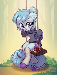Size: 1553x2048 | Tagged: safe, artist:taneysha, oc, oc only, oc:whispy slippers, species:earth pony, species:pony, g4, bow, clothing, female, glasses, mare, open mouth, shoes, sitting, slippers, snail, socks, solo, sweater, swing