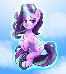 Size: 1782x2009 | Tagged: safe, artist:alinabr00k, character:starlight glimmer, species:pony, species:unicorn, g4, colored pupils, cute, dreamworks face, eyebrows, female, floating, glimmerbetes, glowing horn, horn, levitation, lidded eyes, magic, magic aura, mare, self-levitation, smiling, smirk, solo, telekinesis