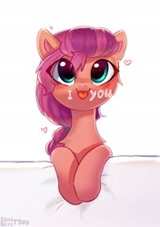 Size: 1856x2630 | Tagged: safe, alternate version, artist:enderselyatdark, character:sunny starscout, species:earth pony, species:pony, g5, blep, blushing, chest fluff, cute, dawwww, eye clipping through hair, female, heart, mare, smiling, solo, sunnybetes, text, tongue out