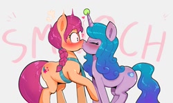 Size: 1199x716 | Tagged: safe, artist:another_pony, character:izzy moonbow, character:sunny starscout, species:earth pony, species:unicorn, ship:starbow, g5, bag, ball, blushing, braid, childproof horn, cutie mark, gradient hair, horn, kissing, smooch, tennis ball, text, toy