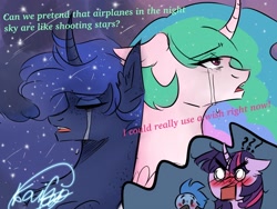 Size: 2048x1536 | Tagged: safe, artist:kaifeather, character:princess celestia, character:princess luna, character:twilight sparkle, species:alicorn, species:pony, ship:mordetwi, ship:princest, g4, aeroplanes and meteor showers, airplanes (song), blushing, crossover, crossover shipping, crying, cursed image, female, incest, joke, lesbian, male, mordecai, question mark, regular show, shipping, straight