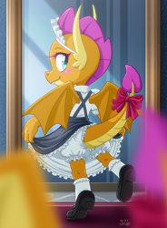 Size: 884x1200 | Tagged: safe, artist:uotapo, character:smolder, species:dragon, g4, bloomers, bow, clothing, dress, female, looking at you, looking back, looking back at you, maid, maid headdress, mirror, reflection, shoes, smiling, smolder also dresses in style, solo, solo female, tail bow