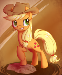 Size: 1000x1200 | Tagged: safe, artist:habijob, character:applejack, species:earth pony, species:pony, g4, abstract background, female, looking sideways, mare, raised hoof, rock, simple background, smiling, solo, straw in mouth