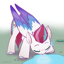 Size: 2048x2048 | Tagged: safe, artist:pfeffaroo, character:zipp storm, species:pegasus, species:pony, g5, adorazipp, blep, colored wings, cute, drink, drinking, eyes closed, female, garden hose, horses doing horse things, hose, mare, mlem, multicolored wings, silly, solo, tongue out, water, wings