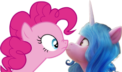 Size: 837x497 | Tagged: safe, character:izzy moonbow, character:pinkie pie, species:earth pony, species:pony, species:unicorn, g4, g5, boop, duo, eye contact, gradient hair, looking at each other, transparent background