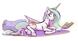 Size: 1260x666 | Tagged: safe, artist:nadnerbd, character:princess celestia, species:alicorn, species:pony, g4, book, dock, female, glowing horn, horn, looking back, lying down, magic, magic aura, mare, pillow, reading, simple background, sketch, solo, telekinesis, underhoof, white background