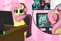 Size: 6800x4644 | Tagged: safe, artist:kittyrosie, character:fluttershy, species:human, species:pegasus, species:pony, g4, blushing, computer, cute, dawwww, friday night funkin', gamershy, hatsune miku, headphones, headset, livestream, microphone, open mouth, playing, shyabetes, sitting, streaming, vlog, vocaloid