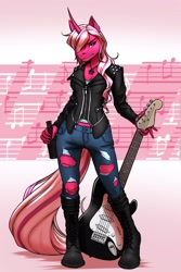Size: 1900x2850 | Tagged: safe, artist:mykegreywolf, oc, oc only, oc:pynk hyde, species:anthro, species:pony, species:unguligrade anthro, species:unicorn, g4, boots, bottle, clothing, electric guitar, explicit source, female, frown, guitar, jacket, jeans, jewelry, leather jacket, mare, music notes, musical instrument, necklace, pants, shirt, shoes, solo, torn clothes