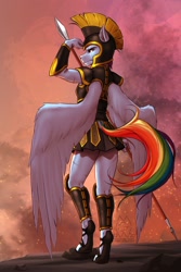 Size: 1900x2850 | Tagged: safe, alternate version, artist:mykegreywolf, character:rainbow dash, species:anthro, species:pegasus, species:pony, species:unguligrade anthro, g4, armor, armor skirt, boots, clothing, explicit source, greaves, helmet, hoplite, scar, shoes, solo, spear, spread wings, tail, weapon, wings
