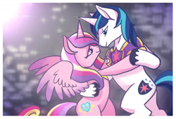 Size: 1748x1181 | Tagged: safe, artist:littledarkdragon, character:princess cadance, character:shining armor, species:alicorn, species:pony, species:unicorn, newbie artist training grounds, g4, abstract background, atg 2014, bipedal, dancing, looking at each other, simple background, spread wings, wings