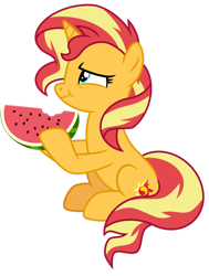 Size: 1024x1357 | Tagged: safe, artist:emeraldblast63, character:sunset shimmer, species:pony, species:unicorn, g4, my little pony:equestria girls, eating, female, food, herbivore, hoof hold, mare, profile, simple background, sitting, solo, transparent background, watermelon