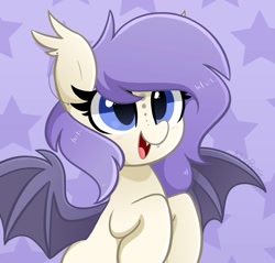 Size: 1486x1423 | Tagged: safe, artist:kittyrosie, oc, oc only, species:bat pony, species:pony, g4, abstract background, bat pony oc, bat wings, ear fluff, hooves, hooves to the chest, open mouth, open smile, smiling, solo, spread wings, three quarter view, wings
