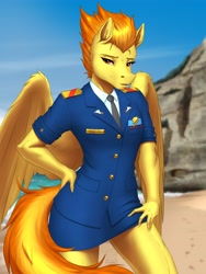 Size: 3072x4096 | Tagged: safe, alternate version, artist:mykegreywolf, character:spitfire, species:anthro, species:pegasus, species:pony, g4, clothing, explicit source, female, hand, hand on hip, hips, jacket, mare, name tag, necktie, shirt, skirt, solo, spread wings, tail, uniform, wings, wonderbolts, wonderbolts dress uniform, wonderbolts uniform