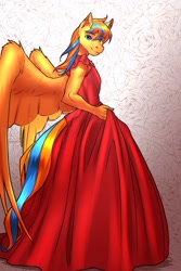 Size: 2000x3000 | Tagged: safe, artist:mykegreywolf, oc, oc only, species:anthro, species:pegasus, species:pony, g4, clothing, dress, evening gown, explicit source, looking at you, red dress, simple background, solo, spread wings, wings