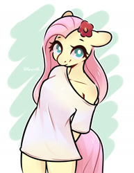 Size: 1544x1996 | Tagged: safe, artist:goyini01, character:fluttershy, species:anthro, species:pegasus, g4, abstract background, bottomless, breasts, busty fluttershy, clothing, cute, dawwww, female, floppy ears, flower, flower in hair, looking at you, no pants, off shoulder, shyabetes, simple background, smiling, solo