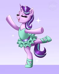 Size: 960x1200 | Tagged: safe, artist:confetticakez, character:starlight glimmer, species:pony, species:unicorn, g4, ballet, bipedal, clothing, eyes closed, glimmerina, open mouth, open smile, skirt, smiling, solo, standing, standing on one leg, tutu