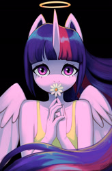 Size: 1500x2280 | Tagged: safe, artist:mrscroup, character:twilight sparkle, character:twilight sparkle (alicorn), species:alicorn, species:anthro, g4, black background, breasts, clothing, cute, flower, halo, looking at you, simple background, solo, twiabetes, wings