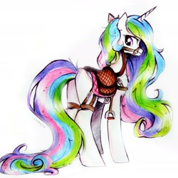Size: 2646x2646 | Tagged: safe, artist:liaaqila, character:princess celestia, species:alicorn, species:pony, g4, bridle, butt, commission, female, harness, looking back, mare, missing cutie mark, plot, reins, saddle, simple background, smiling, solo, stirrups, sunbutt, tack, traditional art, white background