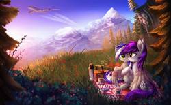 Size: 3621x2234 | Tagged: safe, artist:atlas-66, oc, oc only, oc:herpy, oc:swirple, species:pegasus, species:pony, species:unicorn, g4, basket, cliff, color porn, commission, eyestrain warning, female, forest, grass, male, mare, mountain, oc x oc, picnic basket, picnic blanket, plane, scenery, scenery porn, scp, scp foundation, shipping, sky, smiling, stallion, straight, tree