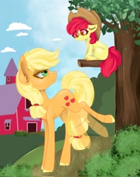 Size: 950x1200 | Tagged: safe, artist:cloudberry_mess, artist:pixthemallow, character:apple bloom, character:applejack, species:earth pony, species:pony, g4, apple family member, apple tree, applejack's hat, clothing, collaboration, cowboy hat, female, filly, hat, mare, siblings, sisters, stetson, sweet apple acres, young