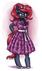 Size: 665x1120 | Tagged: safe, artist:king-kakapo, oc, oc only, oc:jessi-ka, species:anthro, species:earth pony, species:pony, species:unguligrade anthro, g4, art trade, belt, clothing, cute, dress, female, hand, hand on hip, hips, looking sideways, mare, ocbetes, questionable source, shoes, simple background, smiling, solo